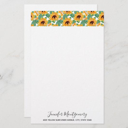ひまわりかわいらしの黄色と緑のパターン 便箋 (正面/裏面)
