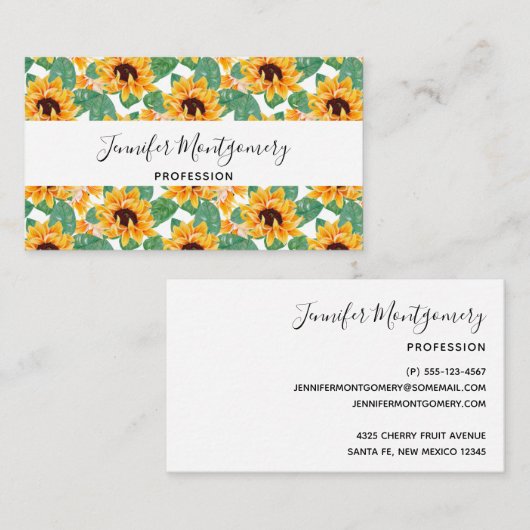 ひまわりかわいらしの黄色と緑のパターン 名刺 (正面/裏面)