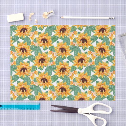 ひまわりかわいらしの黄色と緑のパターン 薄葉紙 (クラフト)