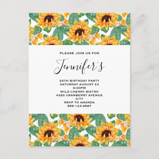 ひまわりかわいらしパターンイエロー&グリーン誕生日 インビテーションポストカード (正面)