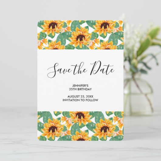 ひまわりかわいらしパターンイエロー&グリーン誕生日 セーブザデート (スタンド正面)