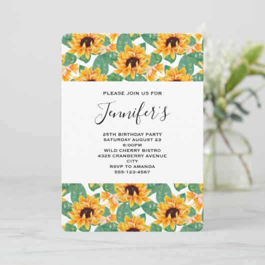ひまわりかわいらしパターンイエロー&グリーン誕生日 招待状 (スタンド正面)