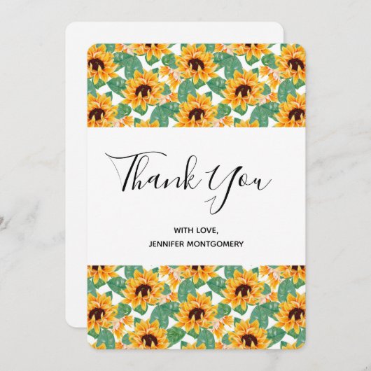 ひまわりかわいらし柄イエロー&グリーンありがとう サンキューカード (正面/裏面)