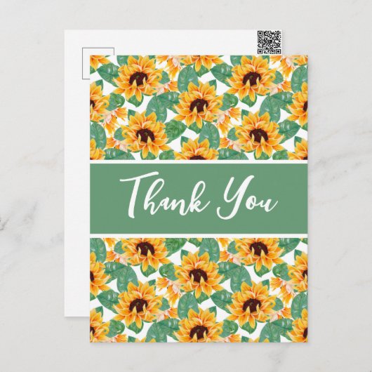 ひまわりかわいらし柄イエロー&グリーンありがとう ポストカード (正面/裏面)