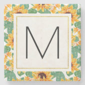 ひまわりかわいらし花イエロー&グリーンパターンモノグラム ストーンコースター (正面)