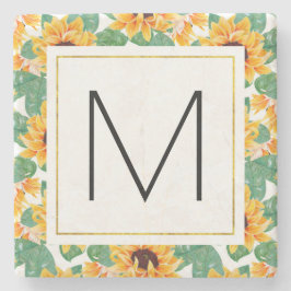 ひまわりかわいらし花イエロー&グリーンパターンモノグラム ストーンコースター