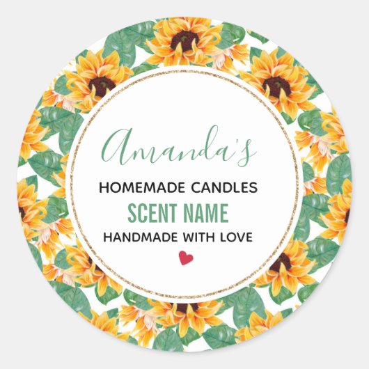 ひまわりかわいらし花黄色と緑のパターンろうそく ラウンドシール (正面)