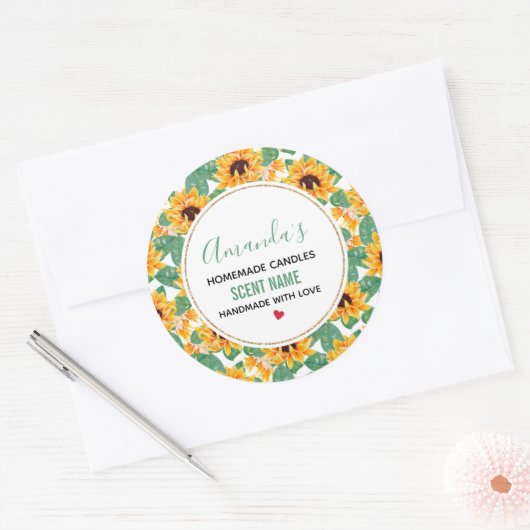 ひまわりかわいらし花黄色と緑のパターンろうそく ラウンドシール (封筒)