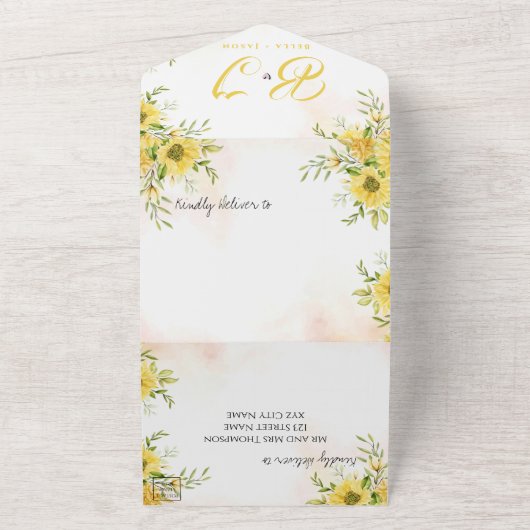 ひまわりが可愛い黄色の明るいモノグラム結婚式 オールインワン招待状 (外側)