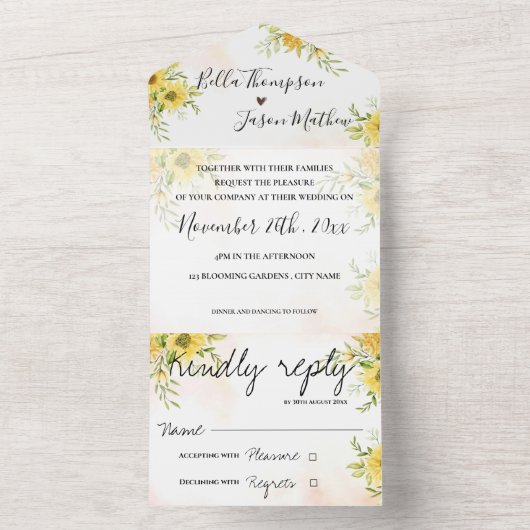 ひまわりが可愛い黄色の明るいモノグラム結婚式 オールインワン招待状 (内側)