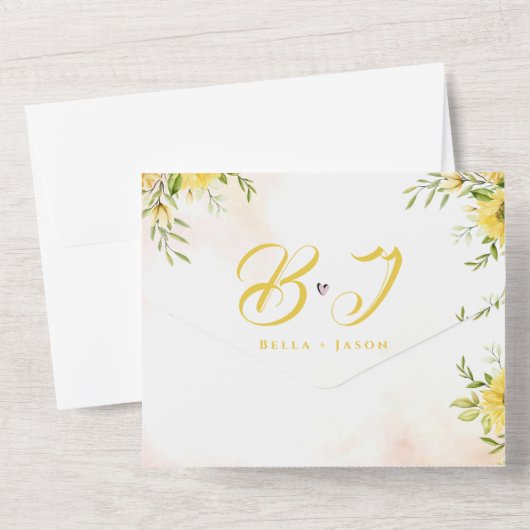 ひまわりが可愛い黄色の明るいモノグラム結婚式 オールインワン招待状 (裏面)