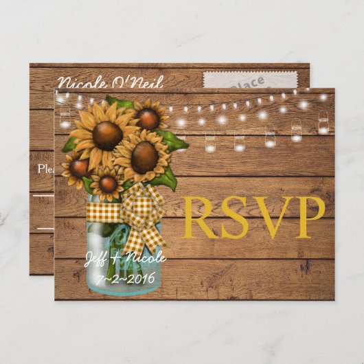 ひまわりが描かれた素朴なメイソンジャー インビテーションポストカード (正面/裏面)