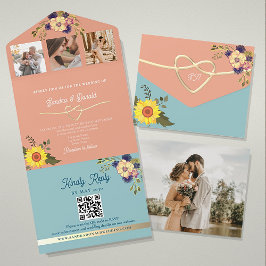 ひまわりが添えられたピンクと青の結婚式招待状 オールインワン招待状