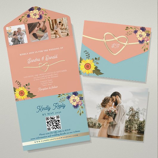 ひまわりが添えられたピンクと青の結婚式招待状 オールインワン招待状