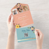 ひまわりが添えられたピンクと青の結婚式招待状 オールインワン招待状 (貼ってはがせる)