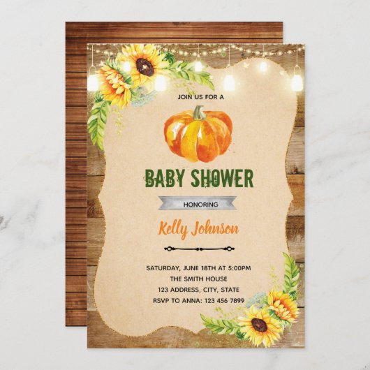 ひまわりとかぼちゃのシャワー 誕生日パーティーへの招待状 招待状 (正面/裏面)