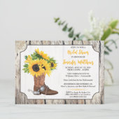 ひまわりとカウボーイブーツの木目調 ブライダルシャワー 招待状 (スタンド正面)