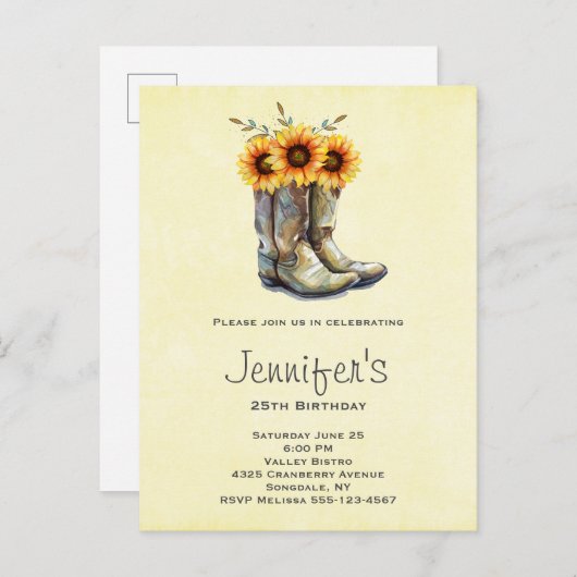 ひまわりとカウボーイブーツの誕生日 インビテーションポストカード (正面/裏面)