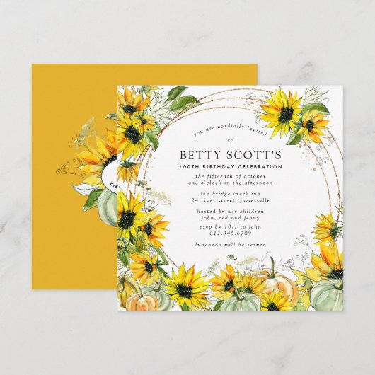 ひまわりとカボチャのオータムパーティ 100歳の誕生日 招待状 (正面/裏面)