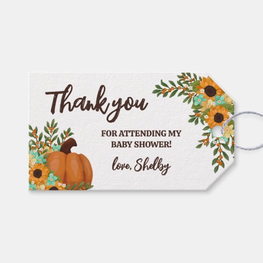 ひまわりとカボチャのオータム フローラル サンクス ギフトタグ (正面(横))