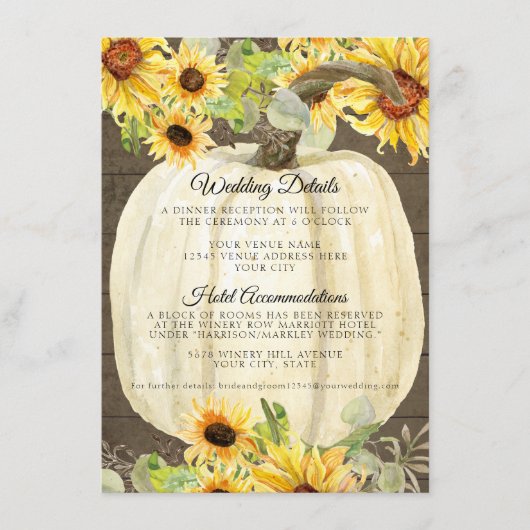 ひまわりとカボチャの花の秋の結婚式の詳細 エンクロージャーカード (正面)