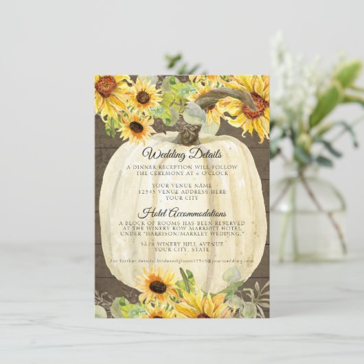 ひまわりとカボチャの花の秋の結婚式の詳細 エンクロージャーカード (スタンド正面)