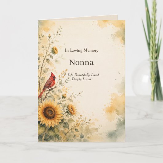 ひまわりとカーディナルをあしらった追悼QRコード付き葬儀カード カード (正面)
