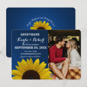 ひまわりとサファイアの写真付きSave the Date 招待状 (正面/裏面)