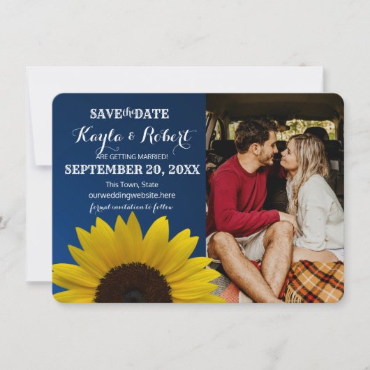 ひまわりとサファイアの写真付きSave the Date 招待状 (正面)