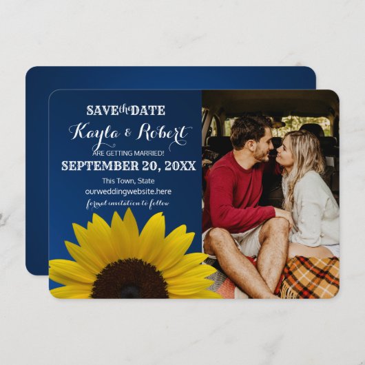 ひまわりとサファイアの写真 保存日付 招待状 (正面/裏面)