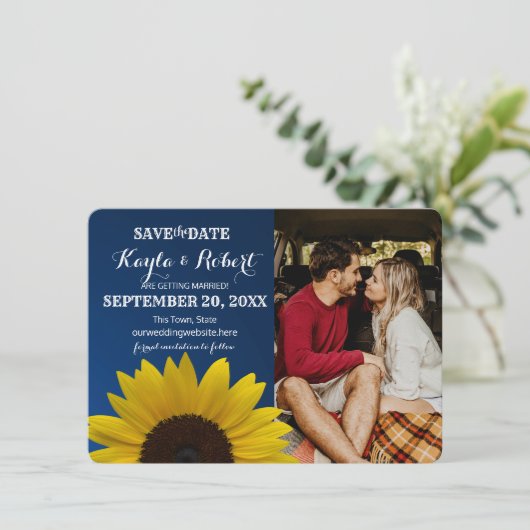 ひまわりとサファイアの写真 Save the Date 招待状 (スタンド正面)
