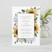 ひまわりとダスティーブルーの花のエレガントなウェディング 招待状 (スタンド正面)