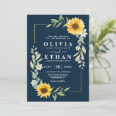 ひまわりとネイビーブルーの幾何学的なルスティックスタイル 招待状 (スタンド正面)