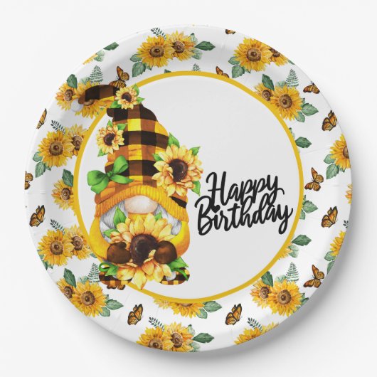 ひまわりとノームの誕生日おめでとう ペーパープレート (正面)