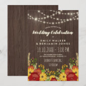ひまわりとバラのストリングライト付きログハウススタイルのウェディング 招待状 (正面/裏面)