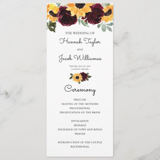 ひまわりとバラのラスティックグリーンウェディング プログラム (正面)