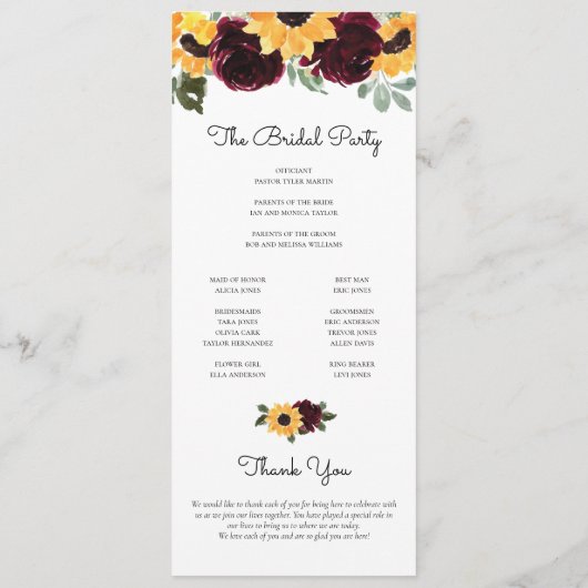 ひまわりとバラのラスティックグリーンウェディング プログラム (裏面)