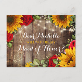 ひまわりとバラの結婚式のメイドオブオナーにお願いします 案内ポストカード