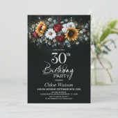 ひまわりとバラの花のブラック 30歳の誕生日パーティー 招待状 (スタンド正面)