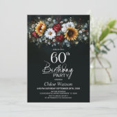 ひまわりとバラの花のブラック 60歳の誕生日パーティー 招待状 (スタンド正面)