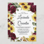 ひまわりとバラ ワインレッド ラスティックウェディング 招待状 (正面/裏面)