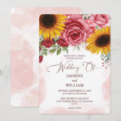 ひまわりとバーガンディレッドローズの花の結婚式 招待状 (正面/裏面)