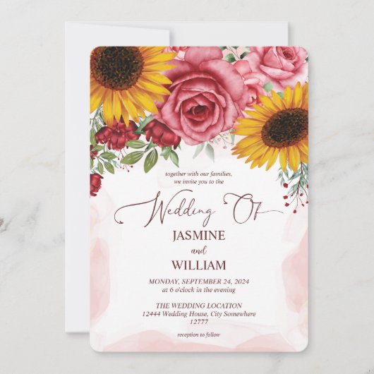 ひまわりとバーガンディレッドローズの花の結婚式 招待状 (正面)