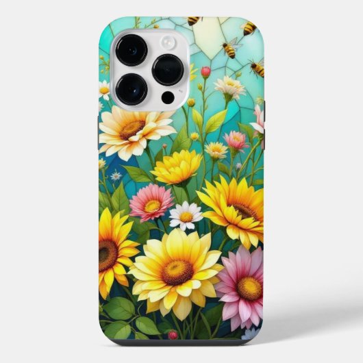 ひまわりとミツバチのスマホケース iPhoneケース (裏面)