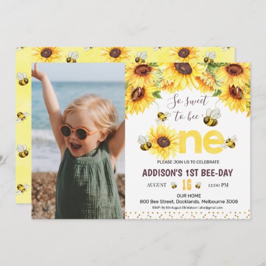 ひまわりとミツバチのミツバチの日の写真1歳の誕生日 招待状 (正面/裏面)
