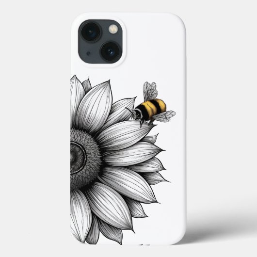 ひまわりとミツバチの黒と白のiPhone 13ケース Case-Mate iPhoneケース (裏面)