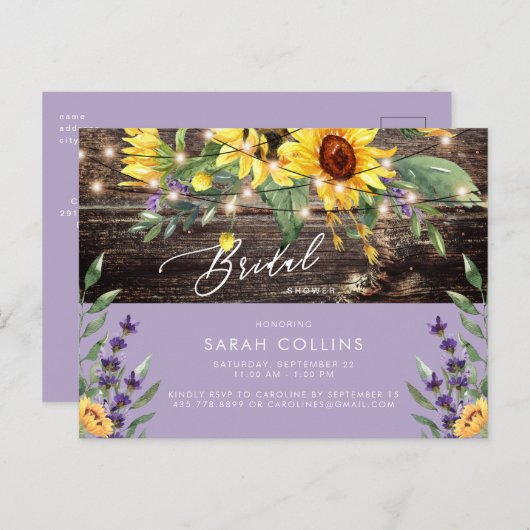 ひまわりとラベンダーのブライダルシャワー 招待状 ラスティック (正面/裏面)