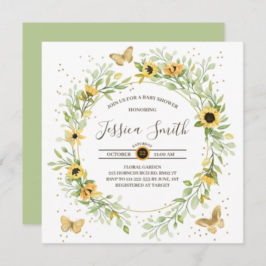 ひまわりと可愛い蝶のベビーシャワー 招待状 (正面/裏面)