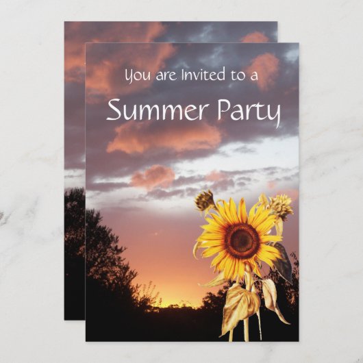 ひまわりと夏の夕焼けのラスティックウェディングパーティー 招待状 (正面/裏面)