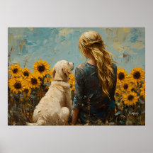 ひまわりと女性と犬 - 油絵スタイルの絵画